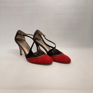 Talbots Lorrie2 Red Black Suede Crossover Pumps Criss Cross Strap Heels Size 8.5
